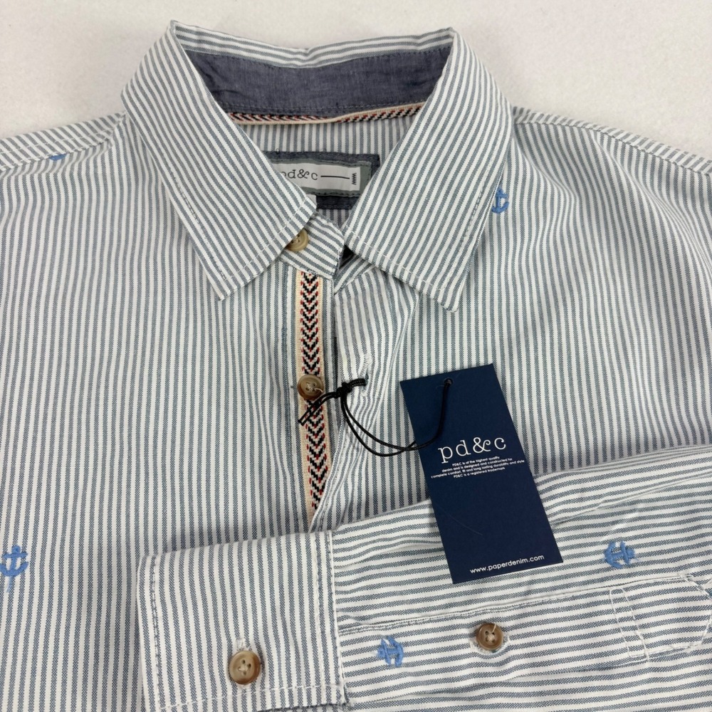 PD&C Button Down Shirt Mens Medium Blue Anchor Nautical Stripe Coastal Cruise